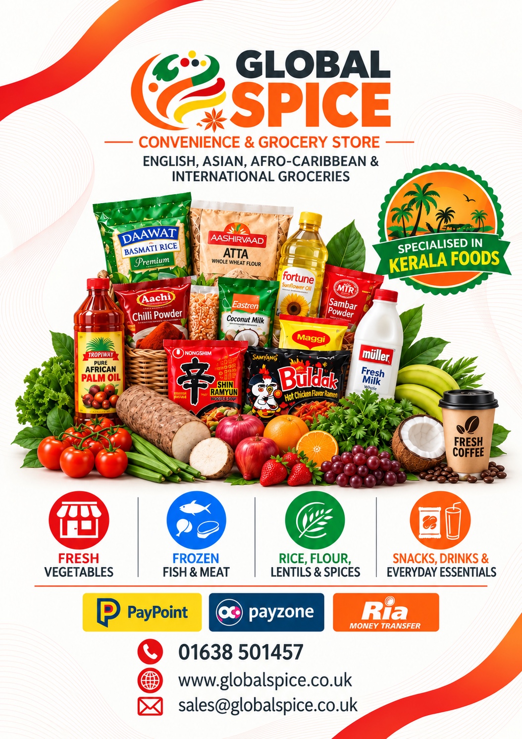 Global Spice catalogue showing rice, flour, lentils, spices, fresh vegetables, frozen foods, snacks and drinks